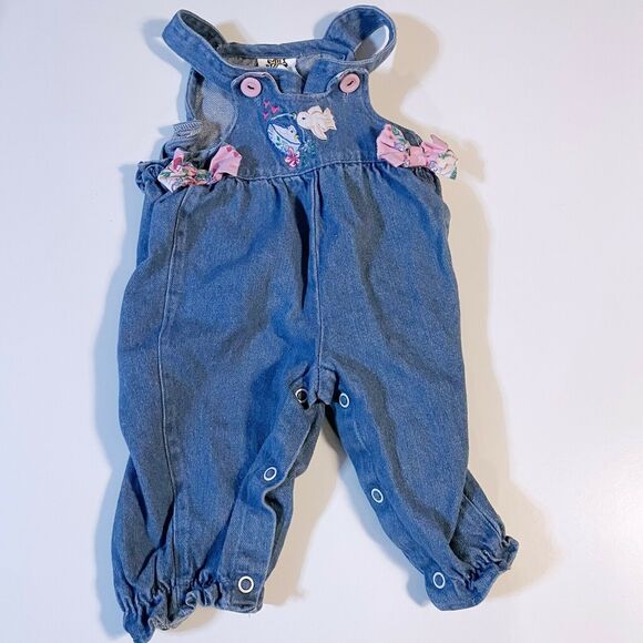 Vintage Cuties By Judy Infant overalls Floral Shirt Ruffles Pink Bird 3-6 M - Picture 3 of 6